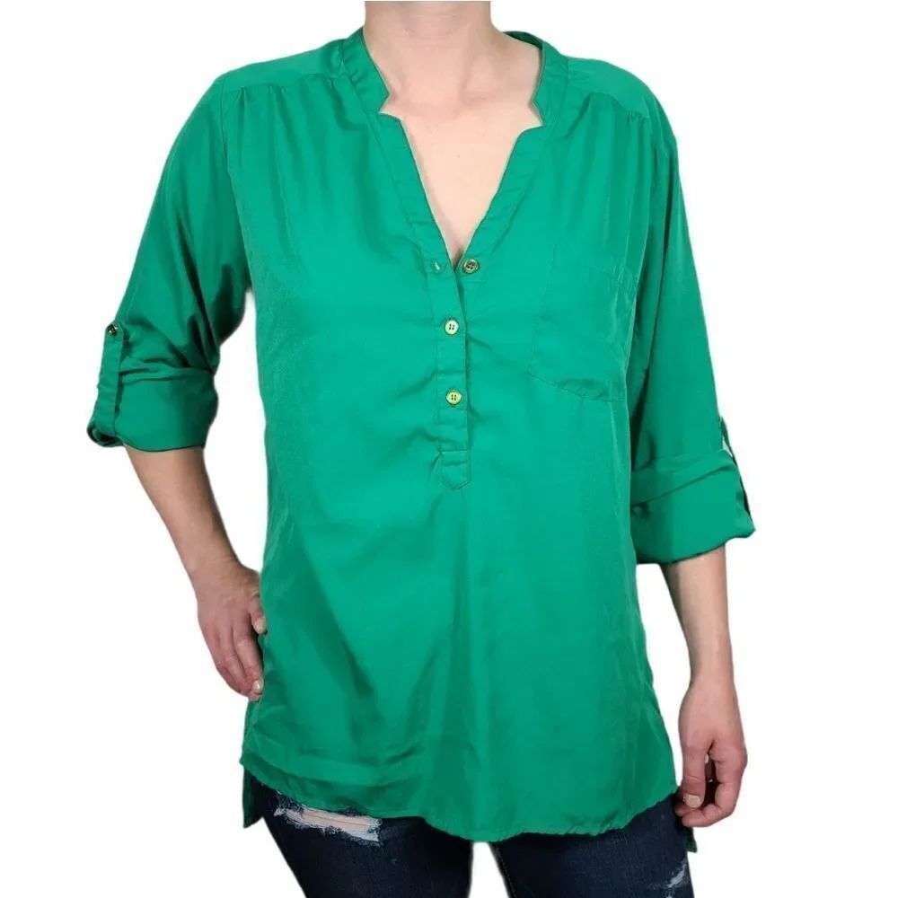 Jennifer Lauren Green Rolled Sleeve Blouse